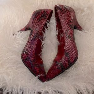 Red snake pattern heels, gently used